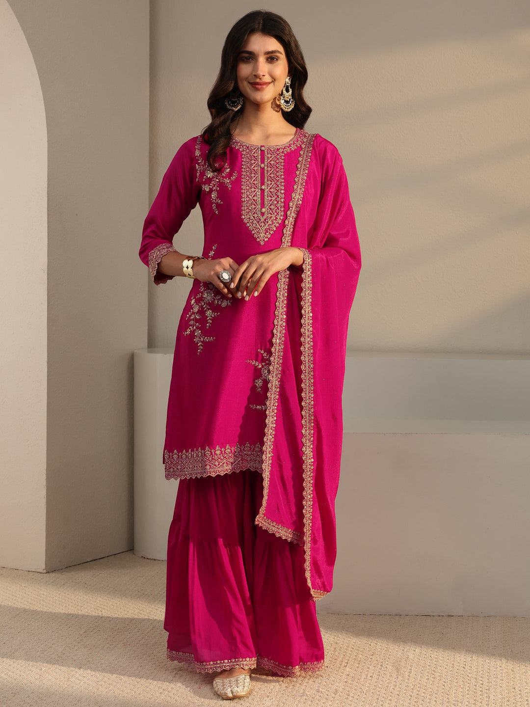  Pink Floral Embroidered Chinon Sharara Suit Set With Dupatta 