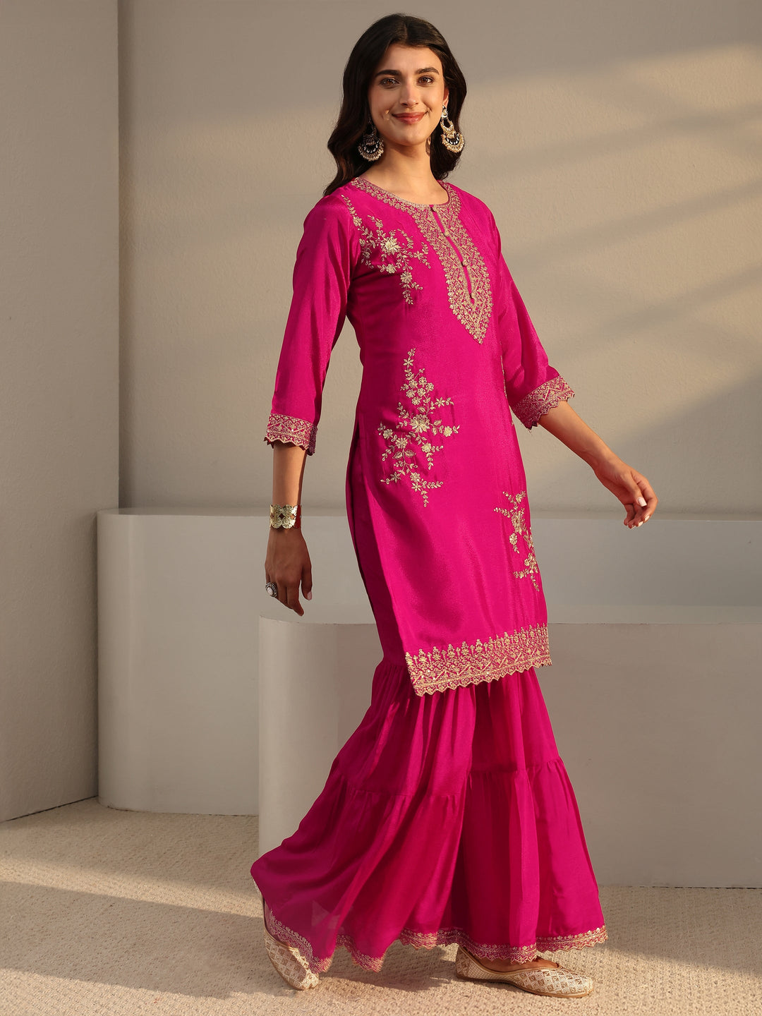  Pink Floral Embroidered Chinon Sharara Suit Set With Dupatta 