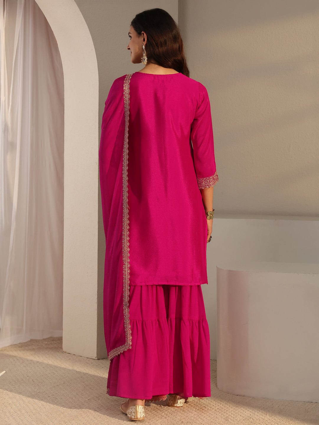  Pink Floral Embroidered Chinon Sharara Suit Set With Dupatta 