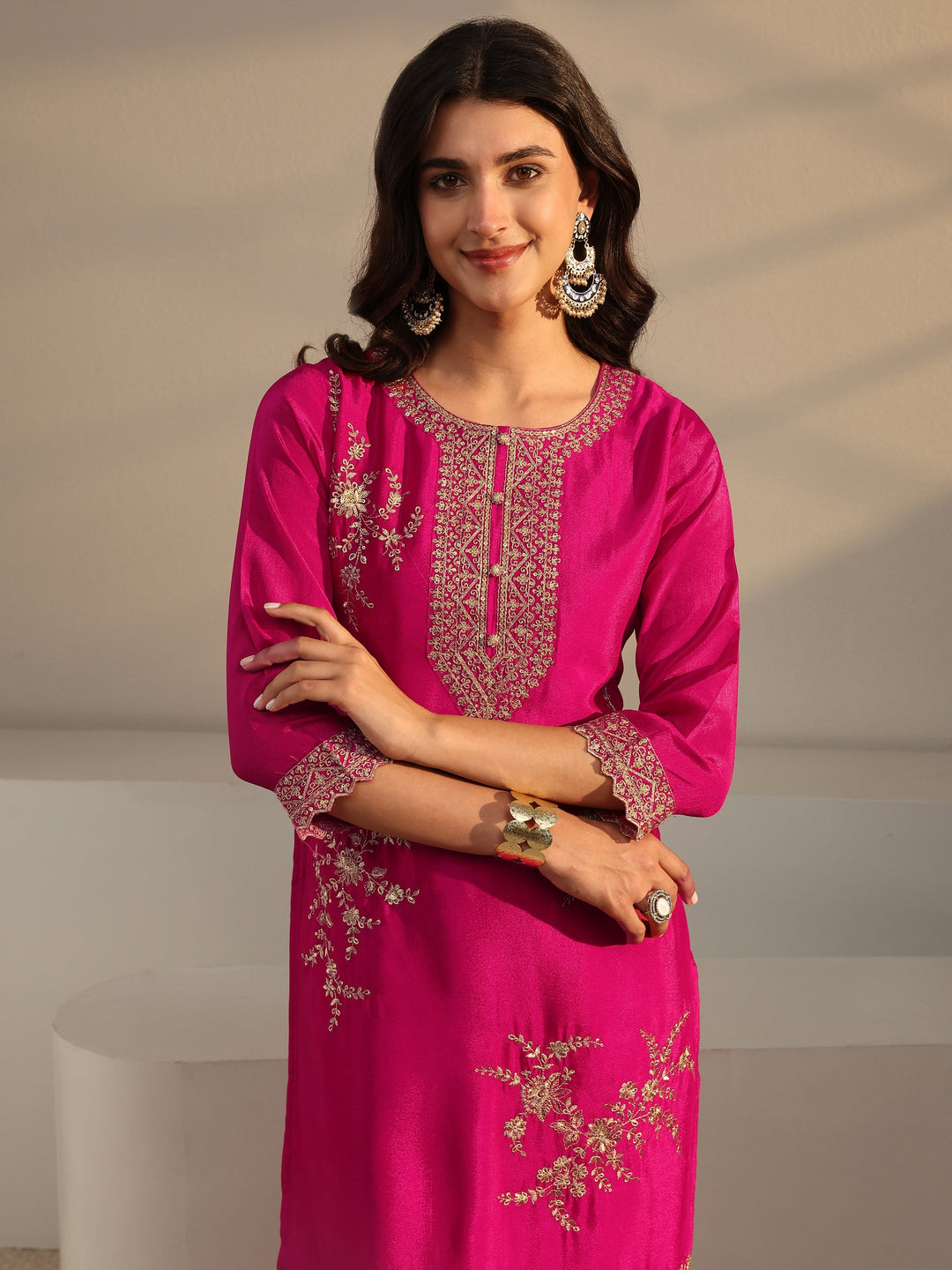  Pink Floral Embroidered Chinon Sharara Suit Set With Dupatta 