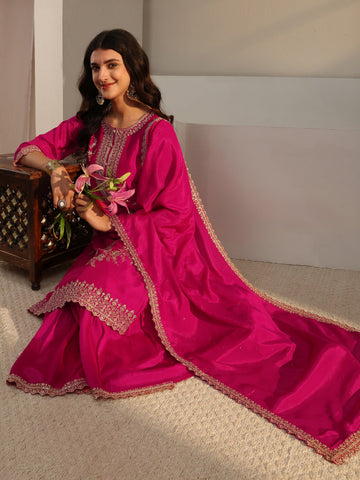 Libas Pink Floral Embroidered Chinon Sharara Suit Set With Dupatta