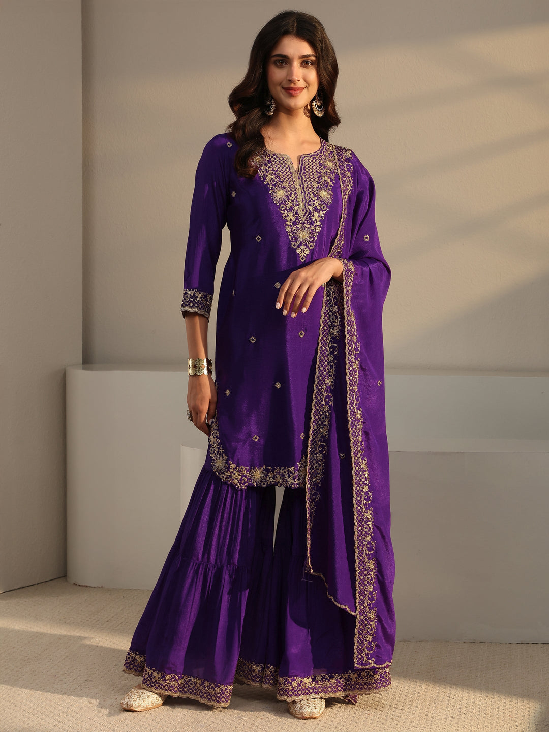  Purple Floral Embroidered Chinon Sharara Suit Set With Dupatta 