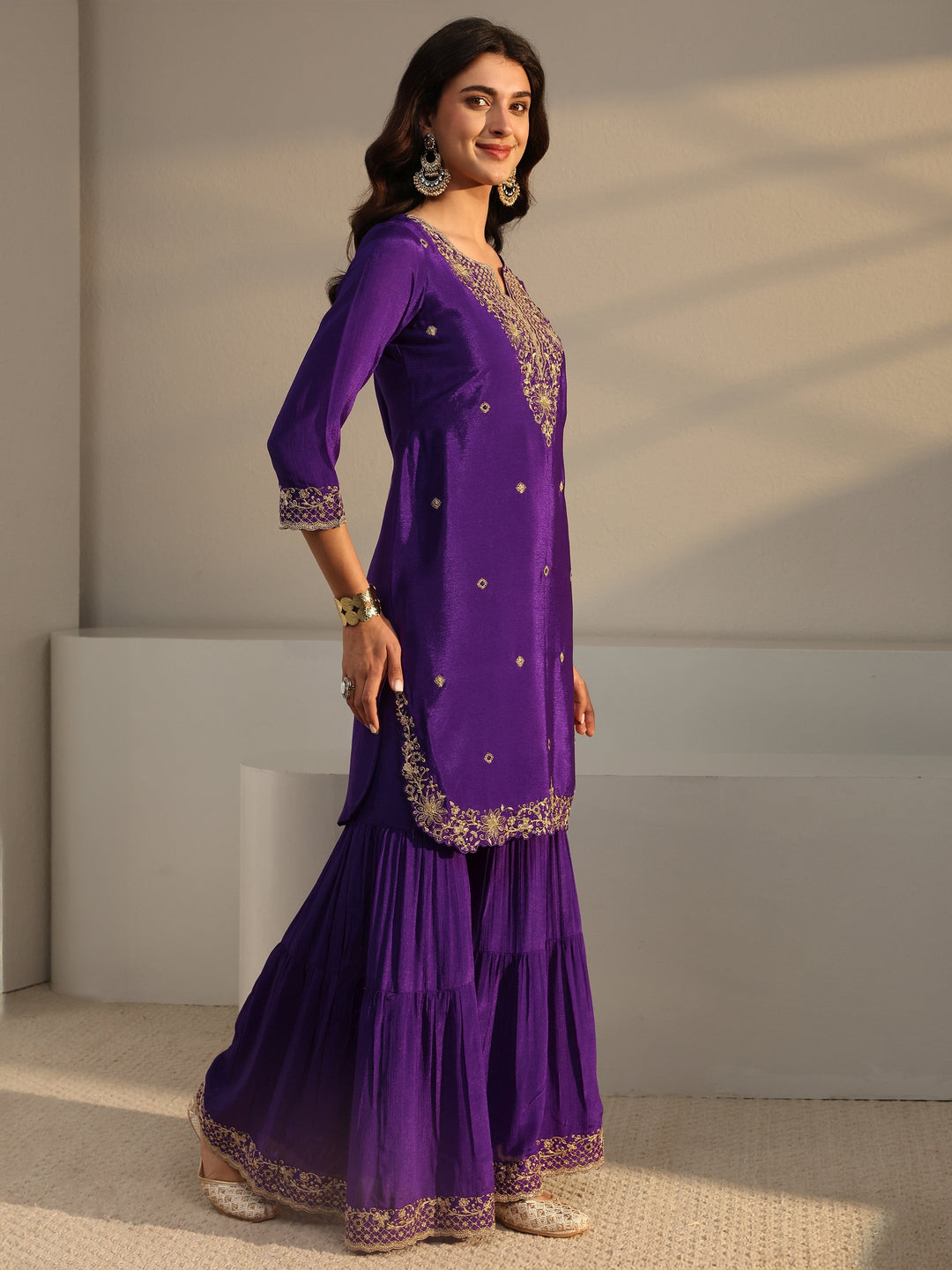  Purple Floral Embroidered Chinon Sharara Suit Set With Dupatta 