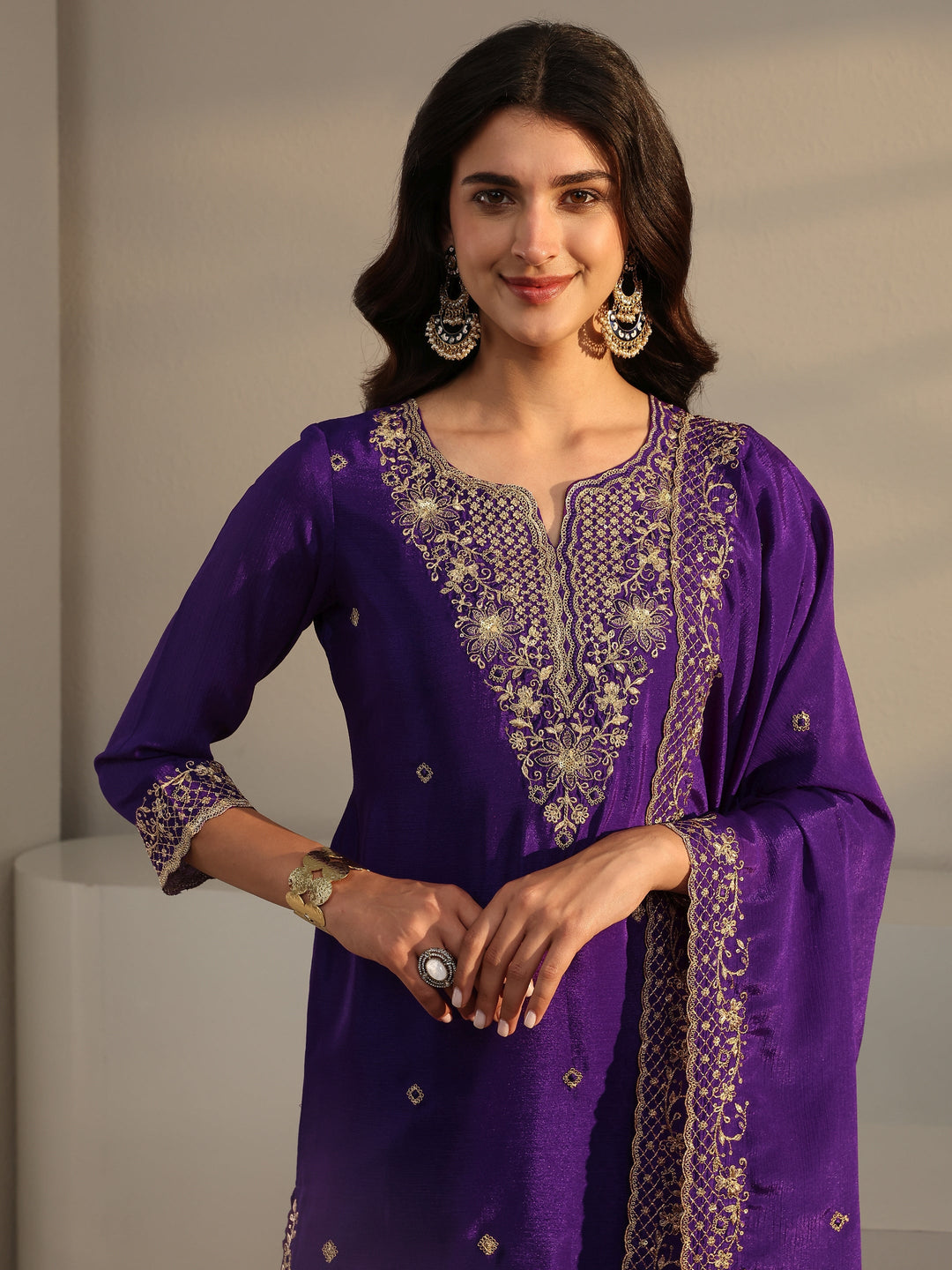  Purple Floral Embroidered Chinon Sharara Suit Set With Dupatta 