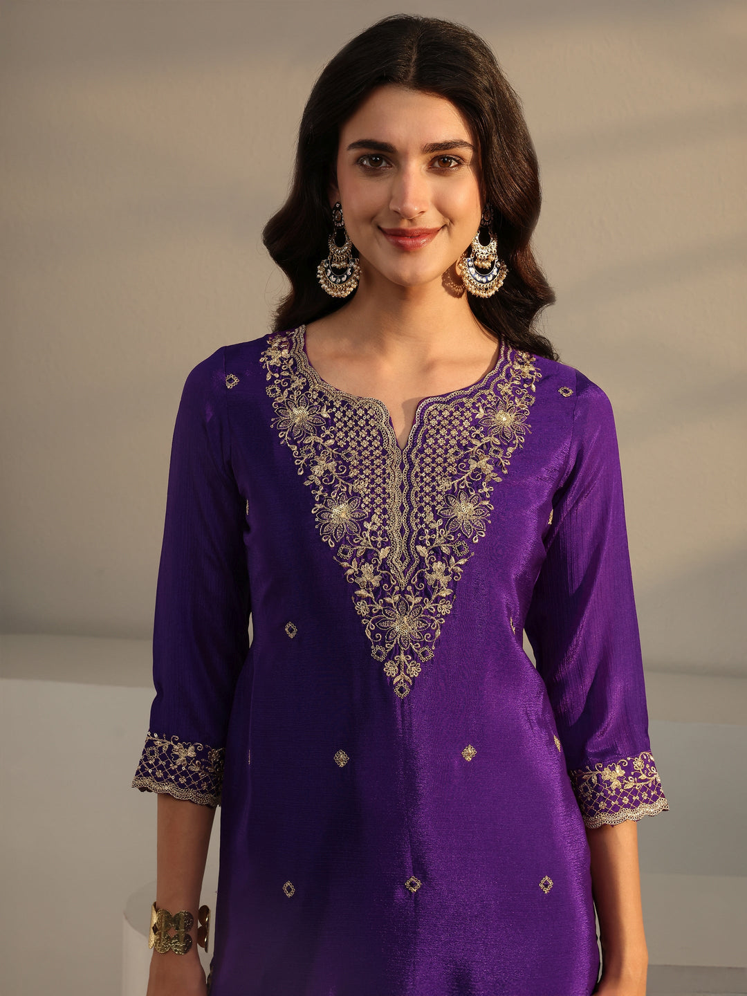  Purple Floral Embroidered Chinon Sharara Suit Set With Dupatta 
