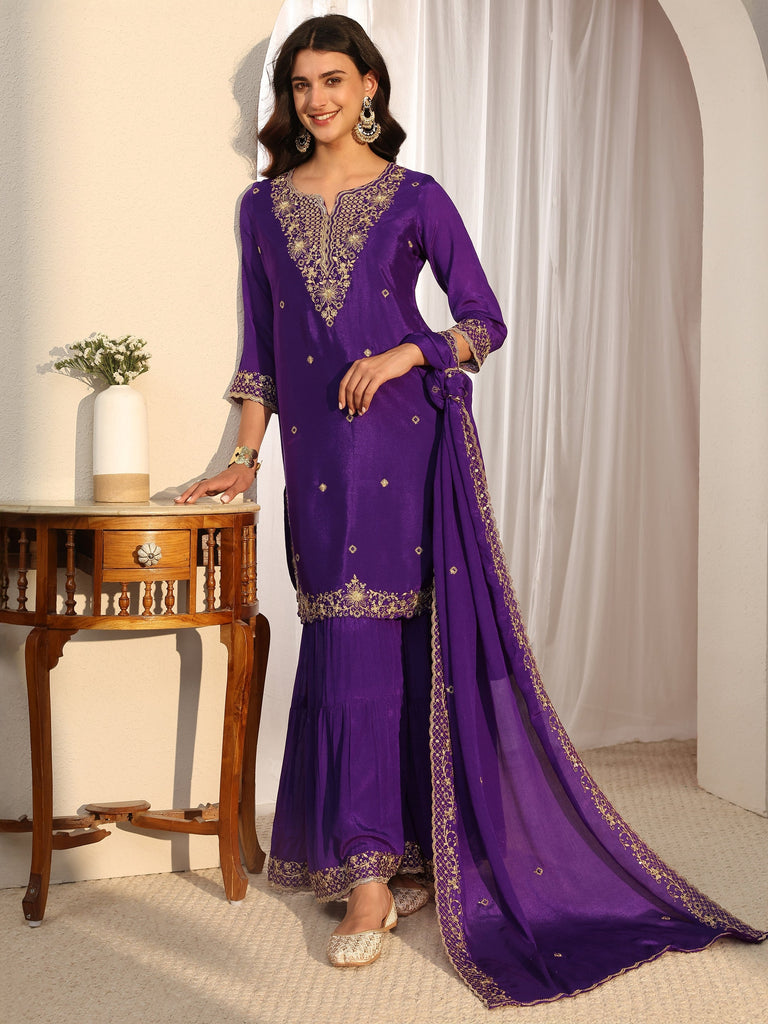 Libas Purple Floral Embroidered Chinon Sharara Suit Set With Dupatta