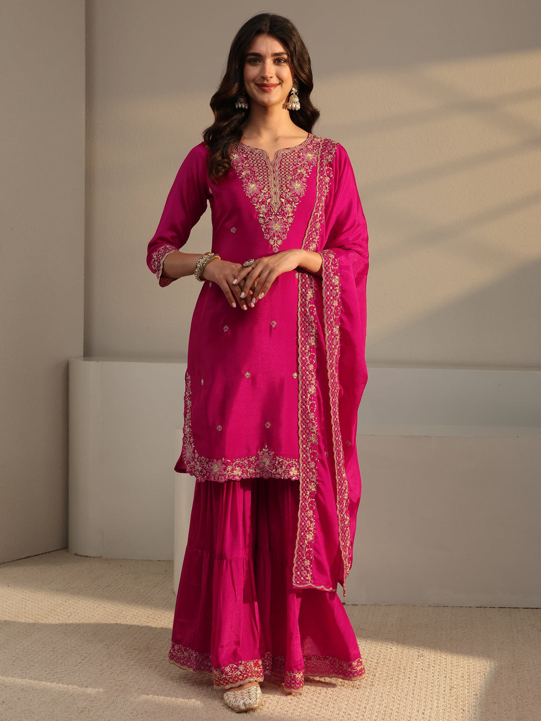  Pink Floral Embroidered Chinon Sharara Suit Set With Dupatta 