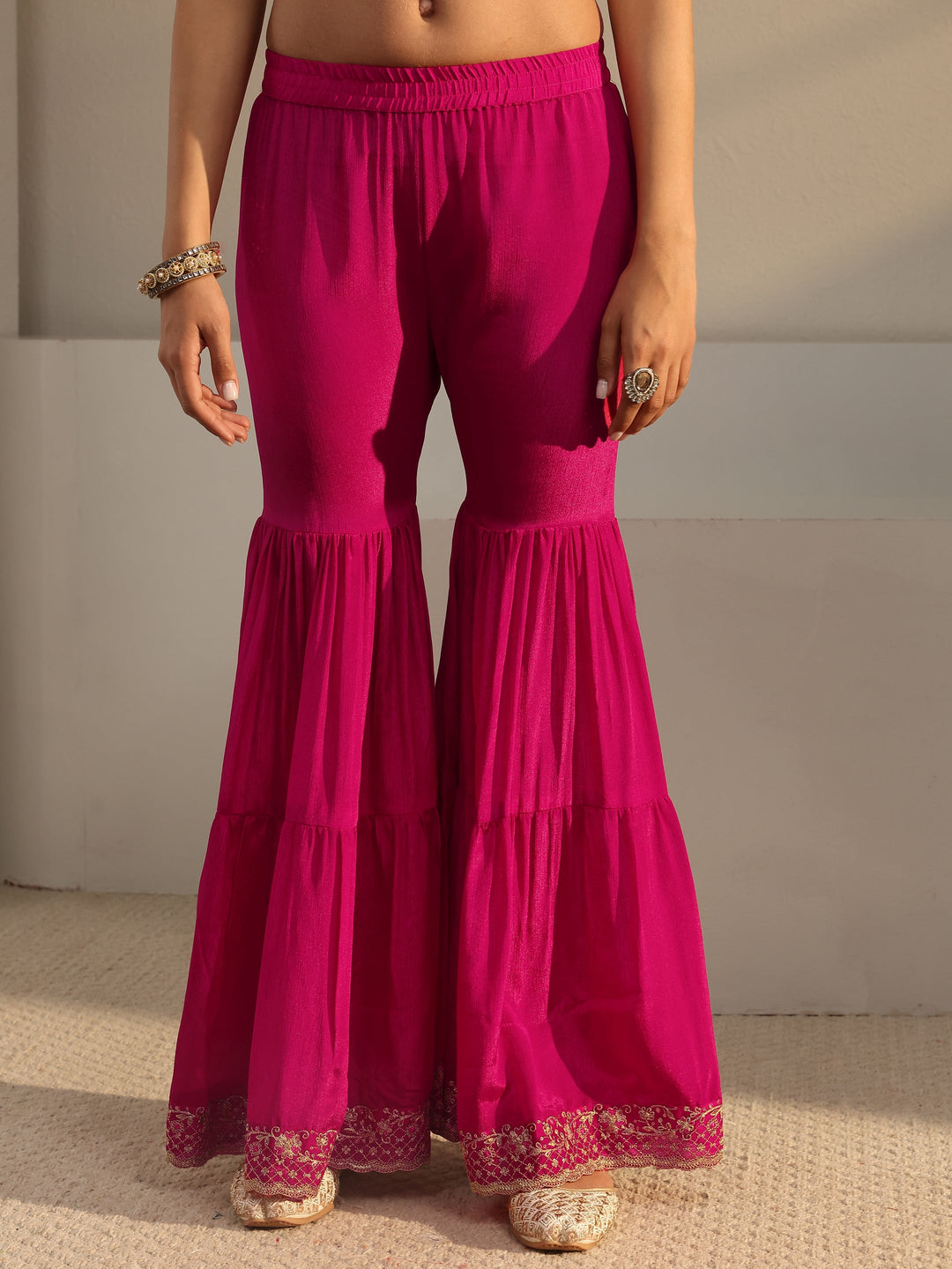  Pink Floral Embroidered Chinon Sharara Suit Set With Dupatta 