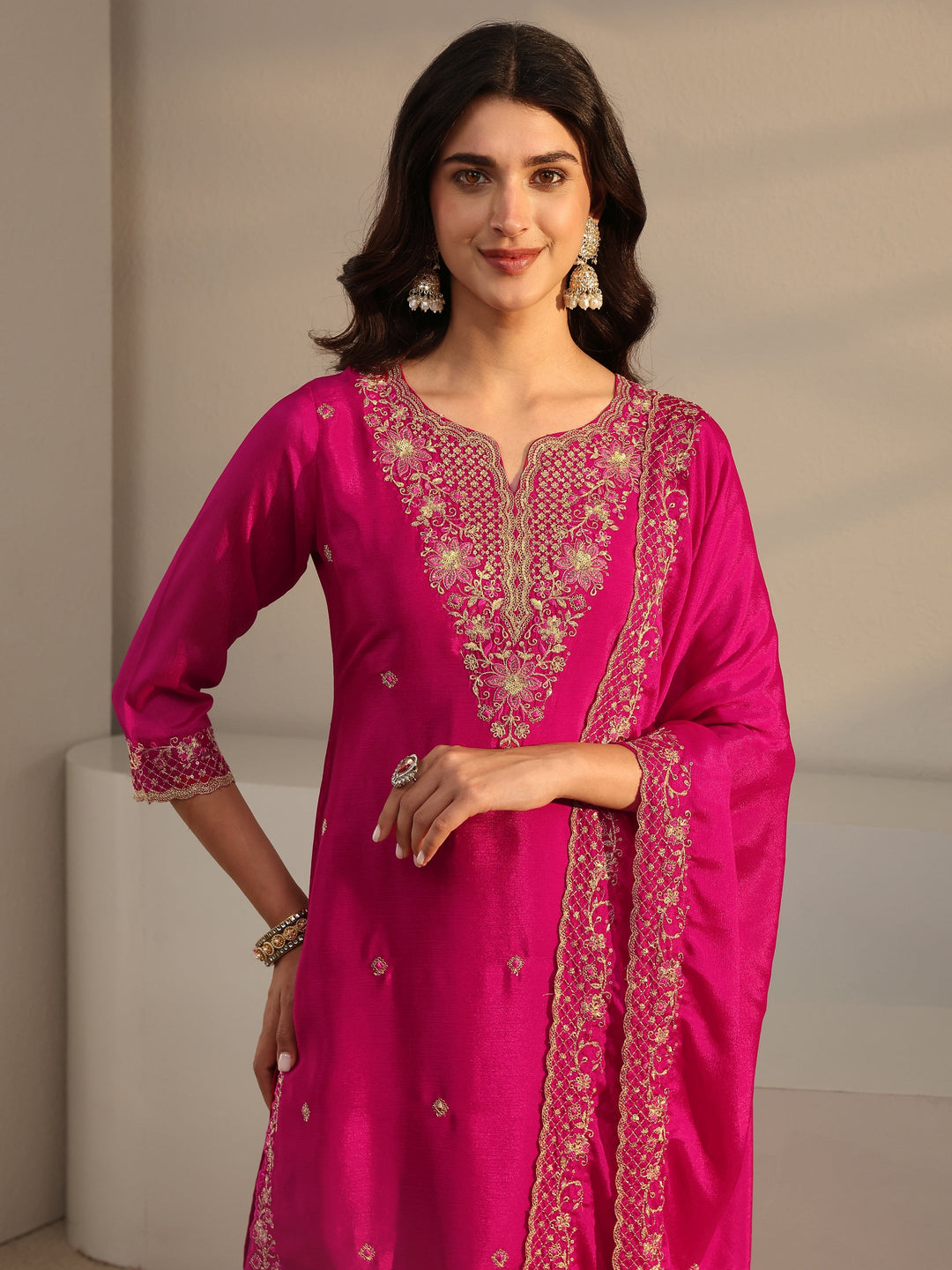  Pink Floral Embroidered Chinon Sharara Suit Set With Dupatta 