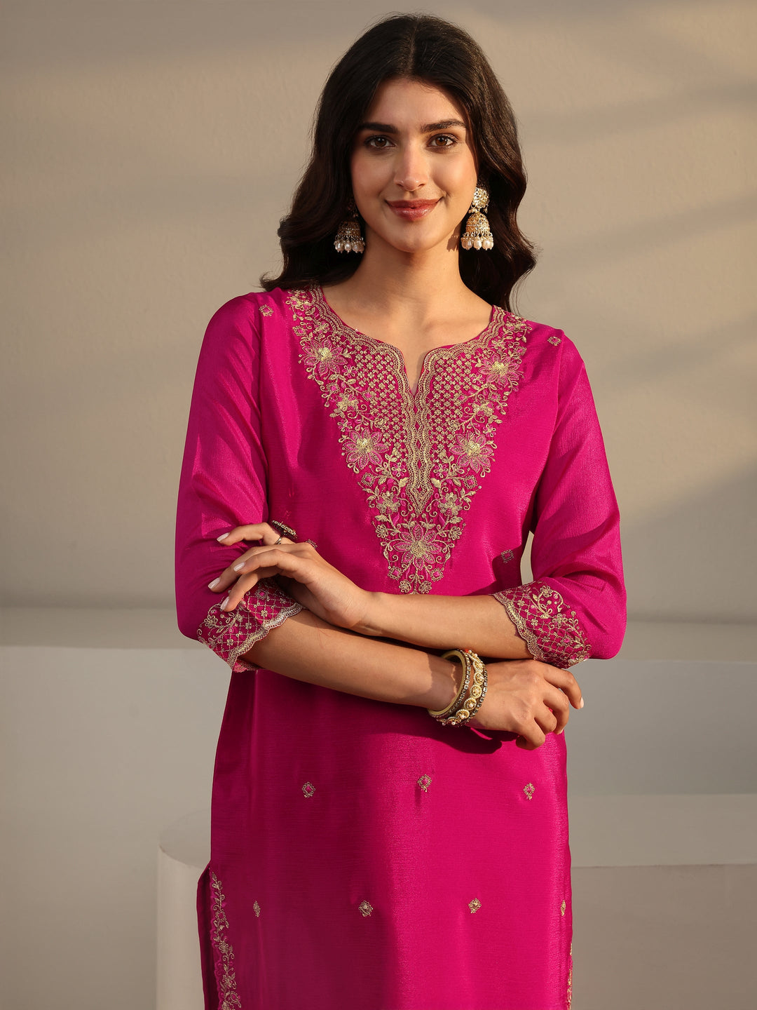  Pink Floral Embroidered Chinon Sharara Suit Set With Dupatta 