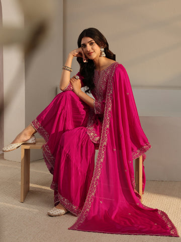 Libas Pink Floral Embroidered Chinon Sharara Suit Set With Dupatta