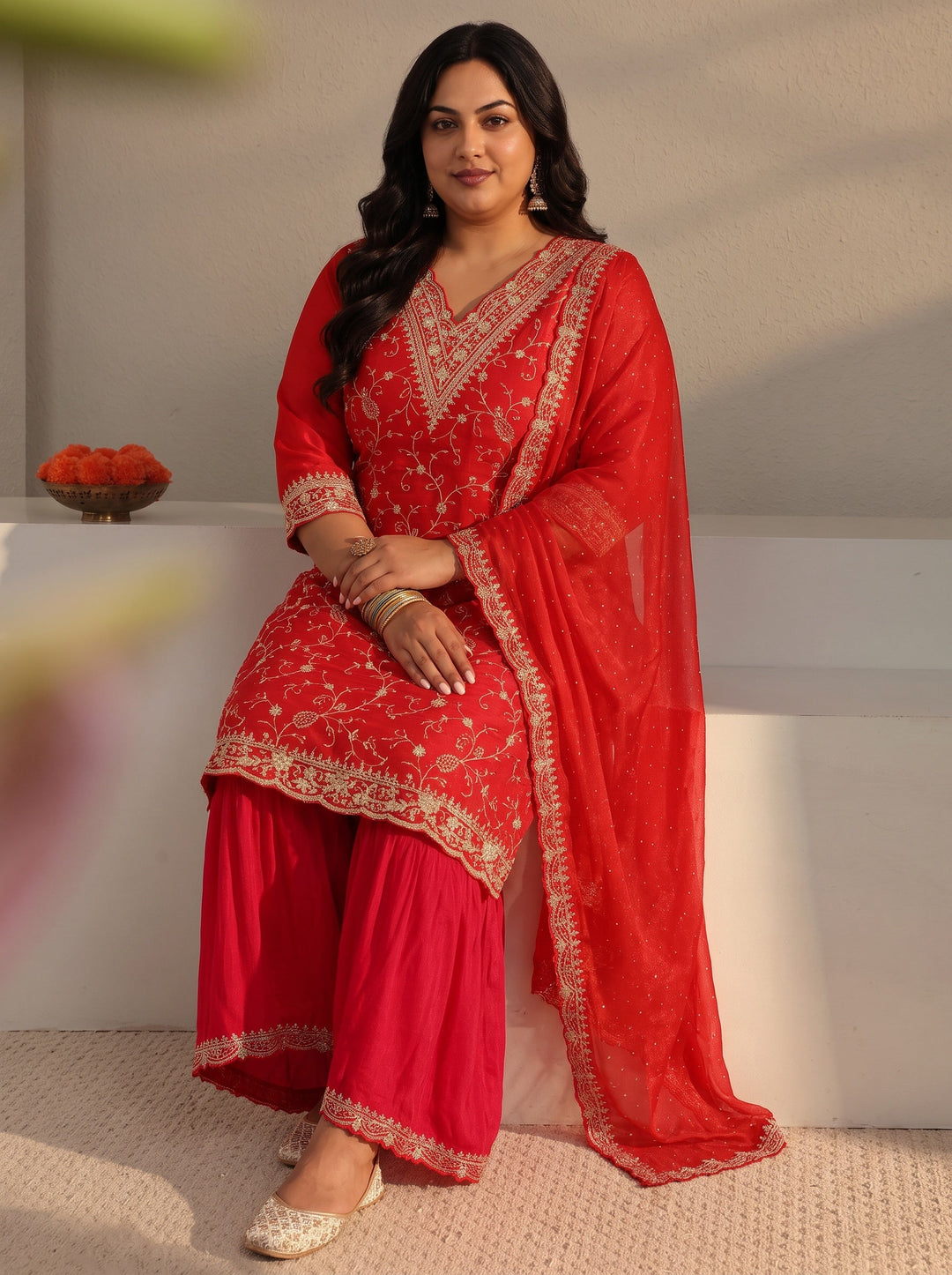  Plus Size Red Floral Embroidered Chinon Sharara Suit Set With Dupatta 