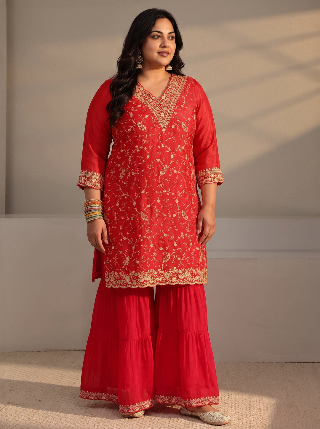  Plus Size Red Floral Embroidered Chinon Sharara Suit Set With Dupatta 