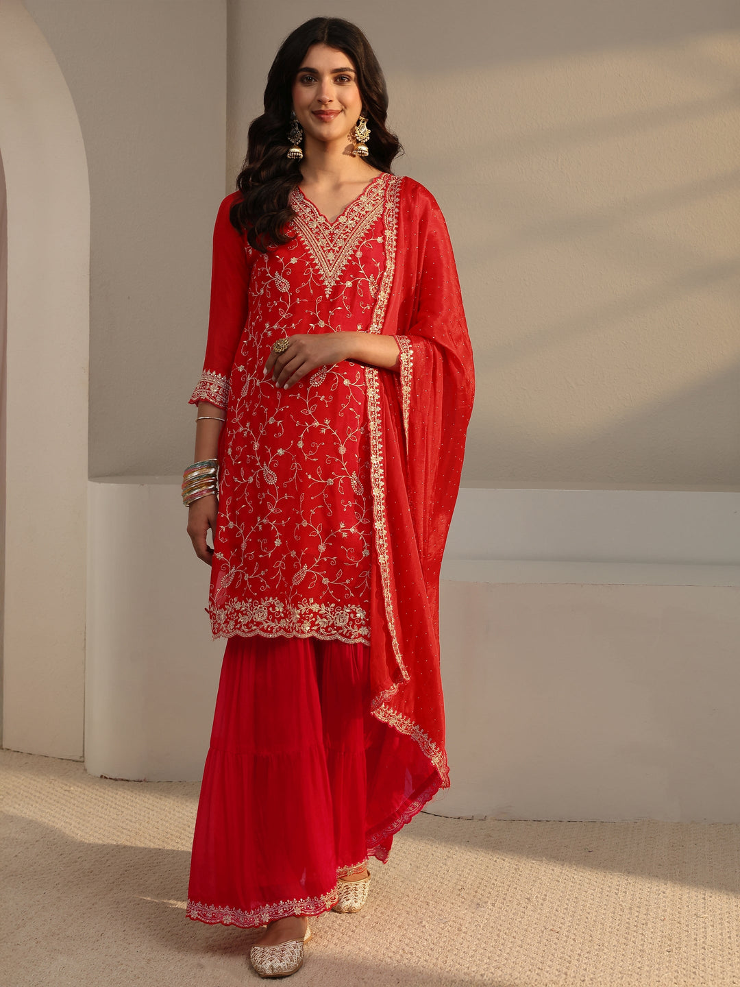  Red Floral Embroidered Chinon Sharara Suit Set With Dupatta 