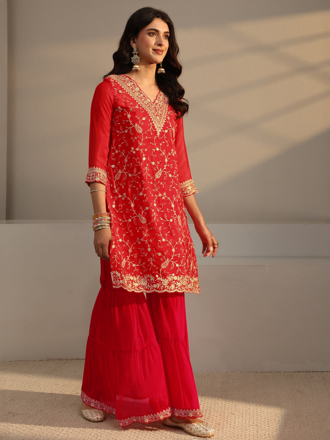  Red Floral Embroidered Chinon Sharara Suit Set With Dupatta 