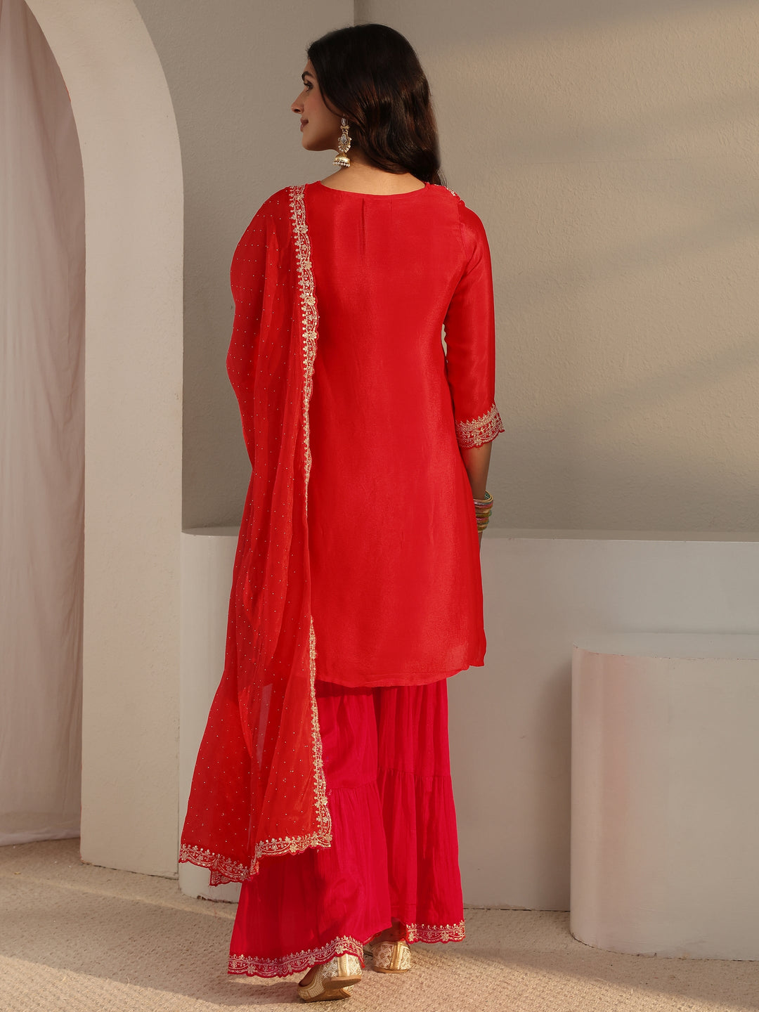  Red Floral Embroidered Chinon Sharara Suit Set With Dupatta 