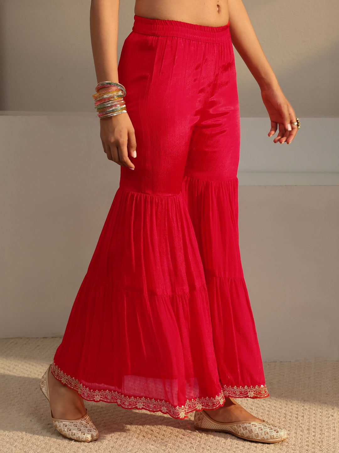  Red Floral Embroidered Chinon Sharara Suit Set With Dupatta 