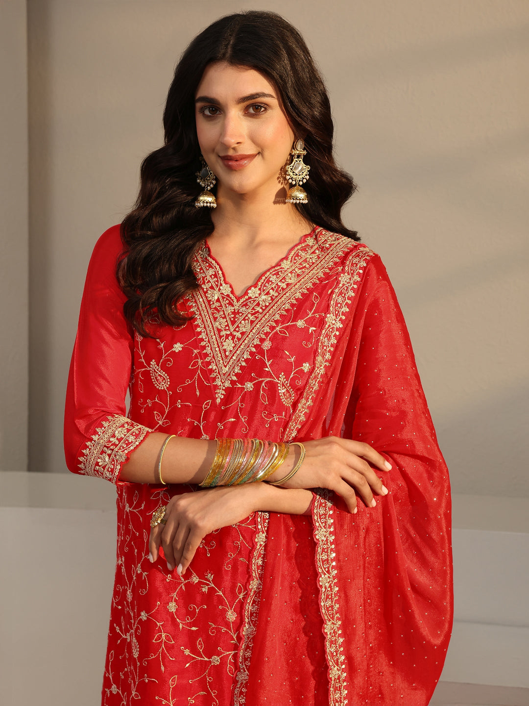  Red Floral Embroidered Chinon Sharara Suit Set With Dupatta 