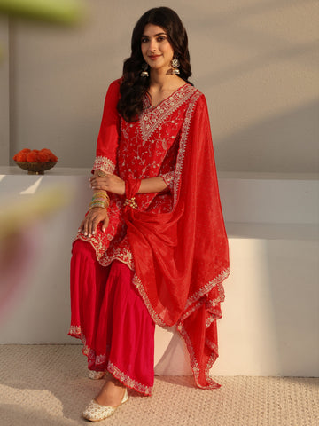 Libas Red Floral Embroidered Chinon Sharara Suit Set With Dupatta