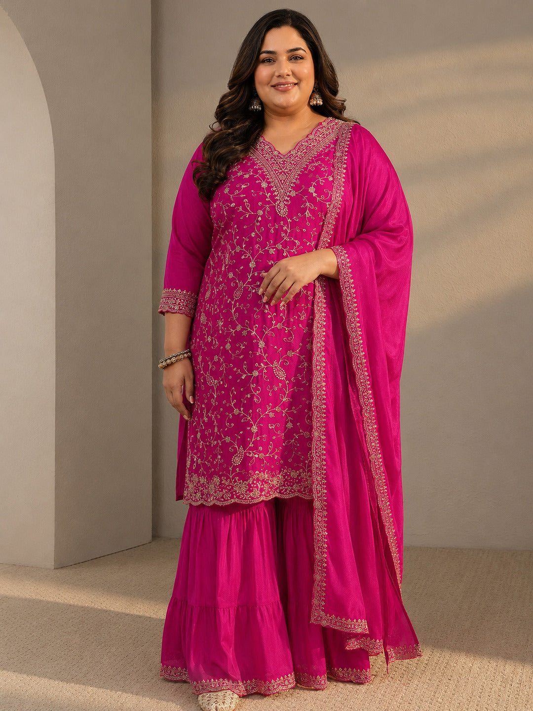  Plus Size Pink Floral Embroidered Chinon Sharara Suit Set With Dupatta 