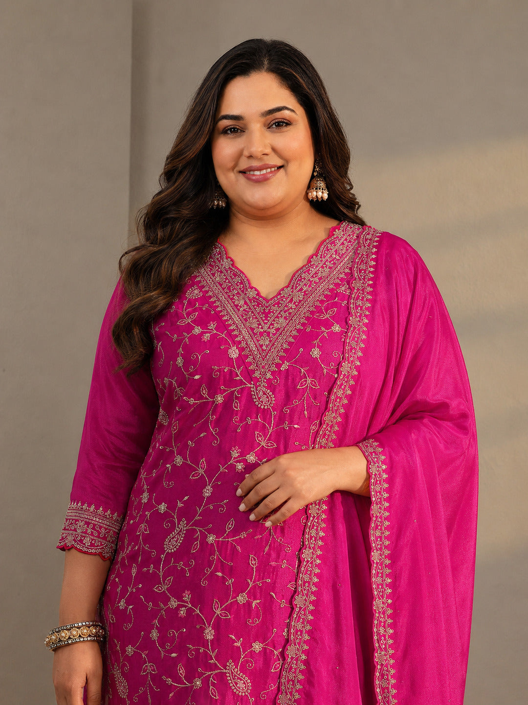  Plus Size Pink Floral Embroidered Chinon Sharara Suit Set With Dupatta 