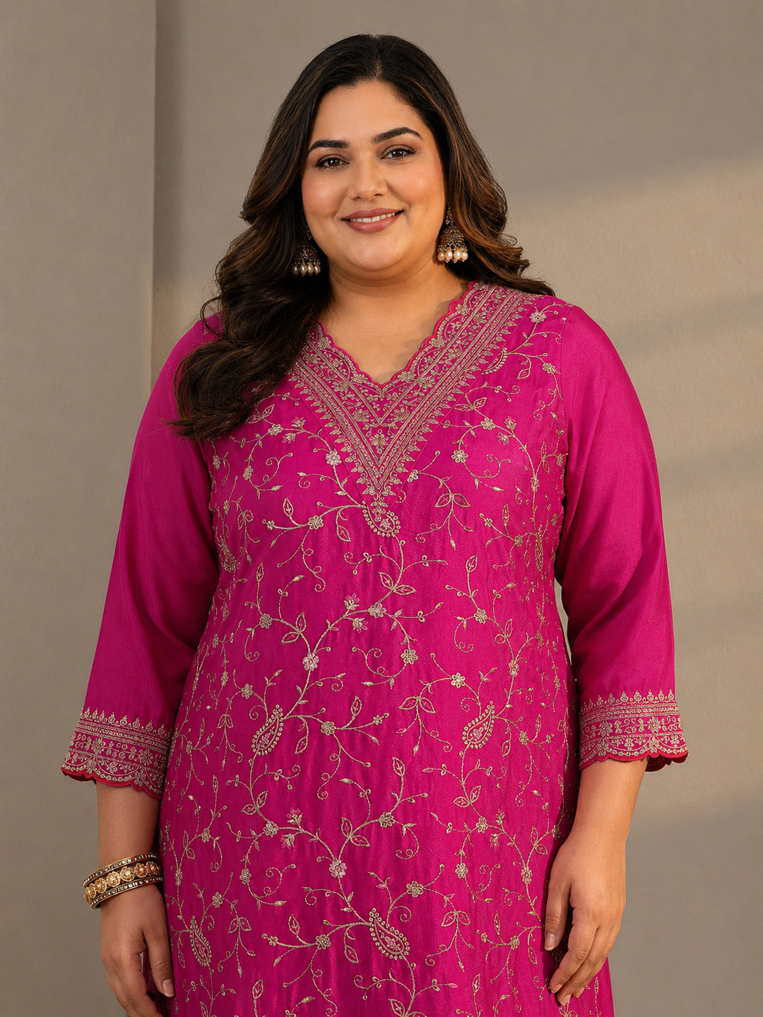  Plus Size Pink Floral Embroidered Chinon Sharara Suit Set With Dupatta 
