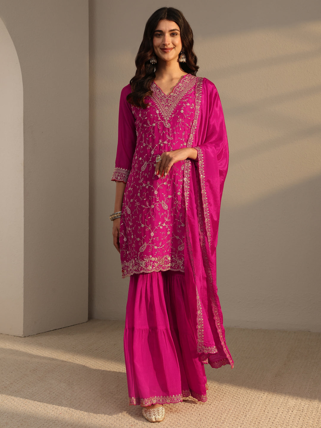  Pink Floral Embroidered Chinon Sharara Suit Set With Dupatta 