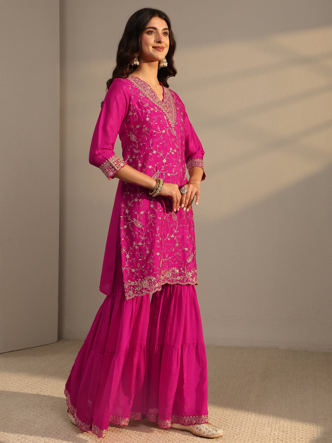  Pink Floral Embroidered Chinon Sharara Suit Set With Dupatta 