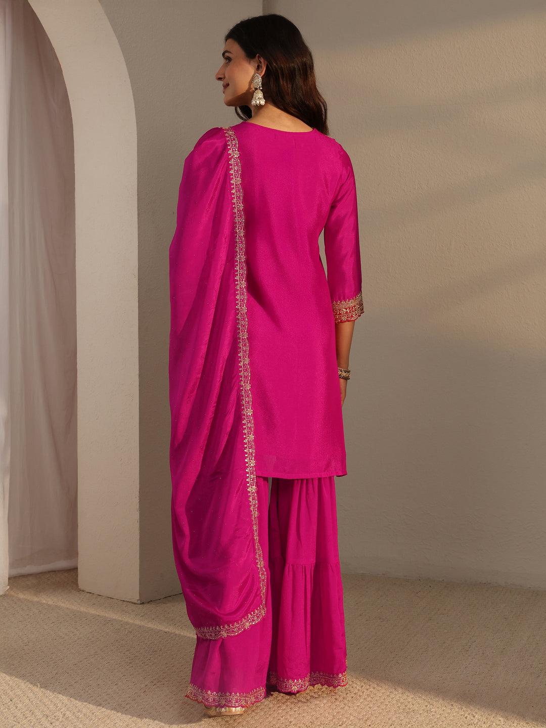  Pink Floral Embroidered Chinon Sharara Suit Set With Dupatta 
