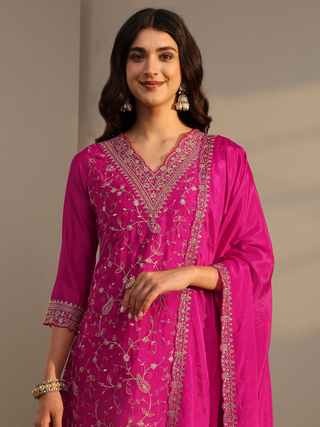  Pink Floral Embroidered Chinon Sharara Suit Set With Dupatta 