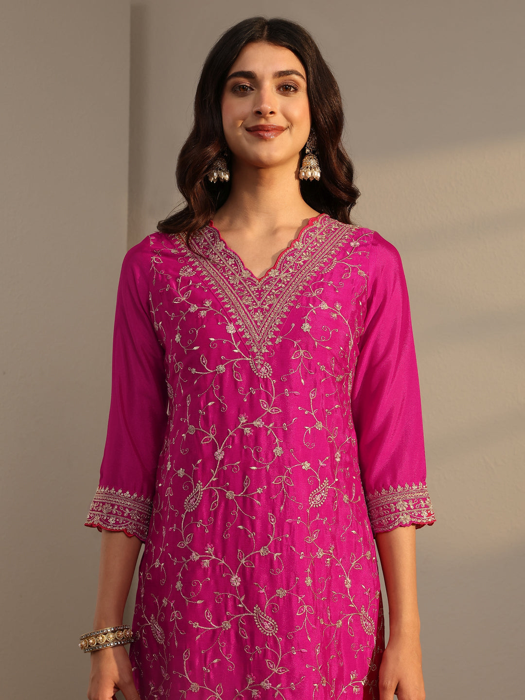  Pink Floral Embroidered Chinon Sharara Suit Set With Dupatta 