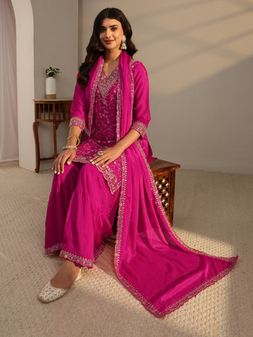 Libas Pink Floral Embroidered Chinon Sharara Suit Set With Dupatta