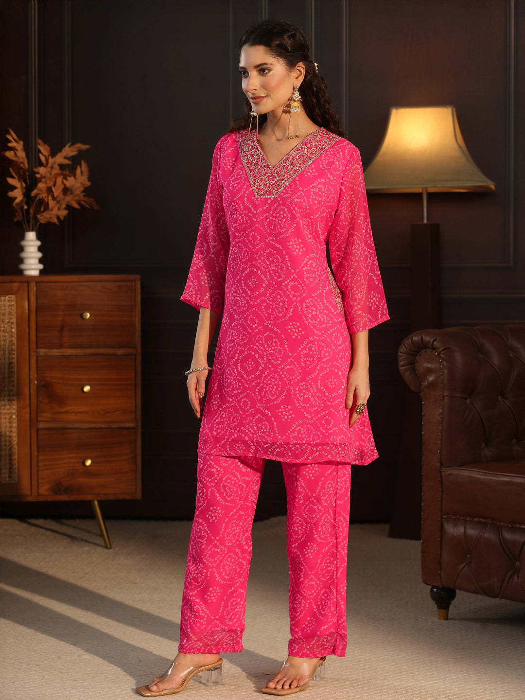  Libas Pink Bandhani Printed Chiffon Co-Ord Set 