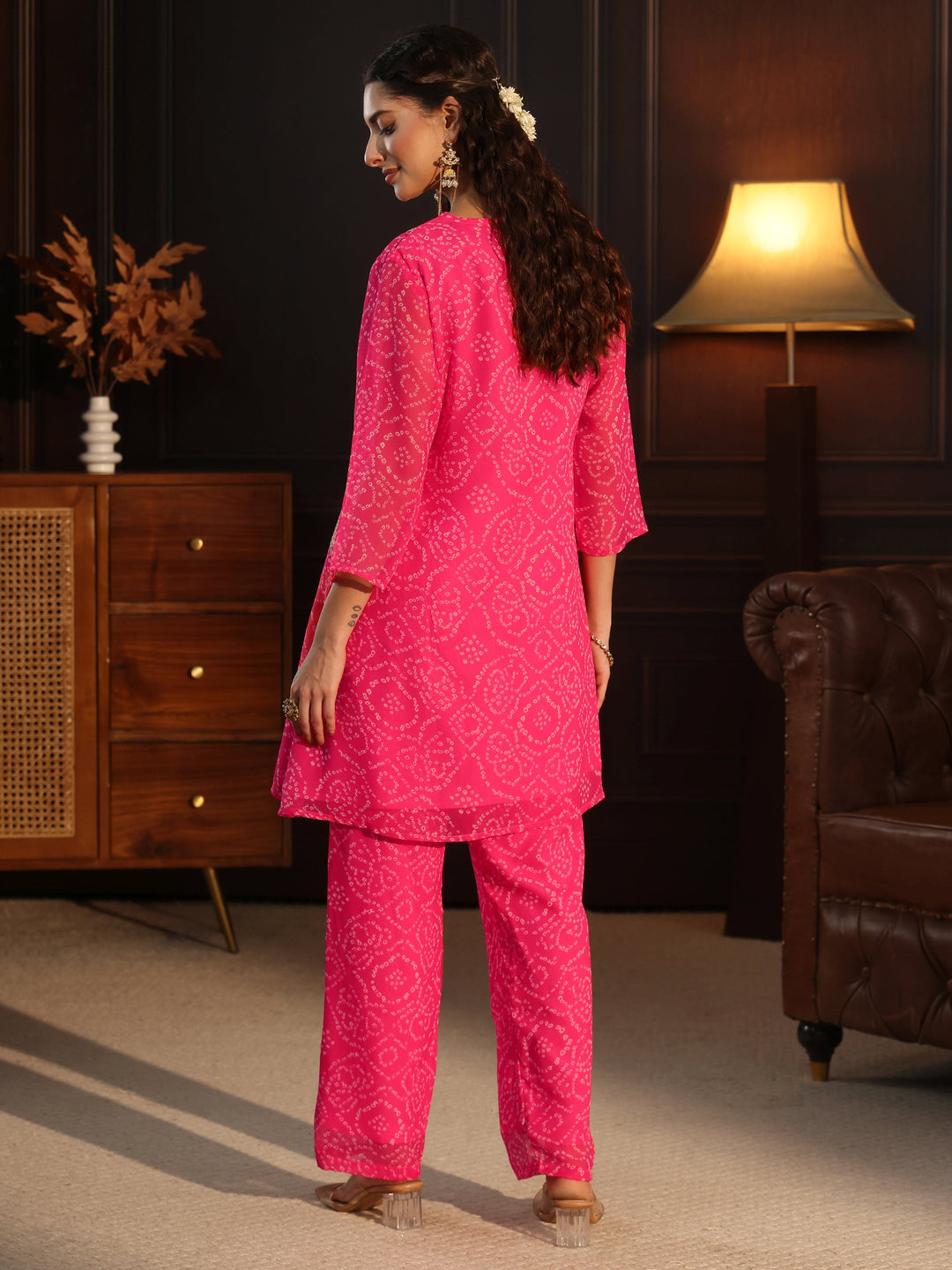  Libas Pink Bandhani Printed Chiffon Co-Ord Set 
