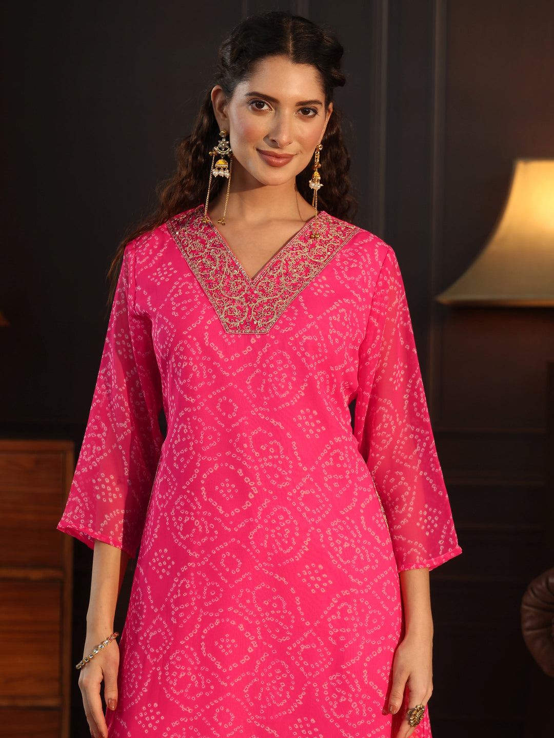  Libas Pink Bandhani Printed Chiffon Co-Ord Set 