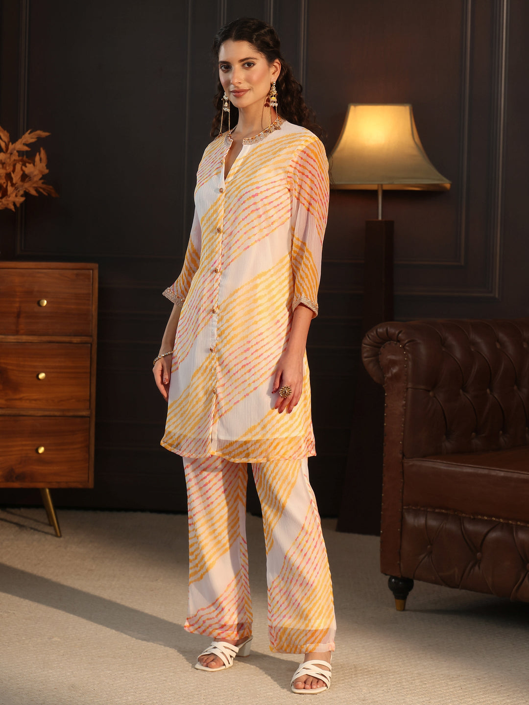  Libas Off White Leheriya Printed Chiffon Co-Ord Set 