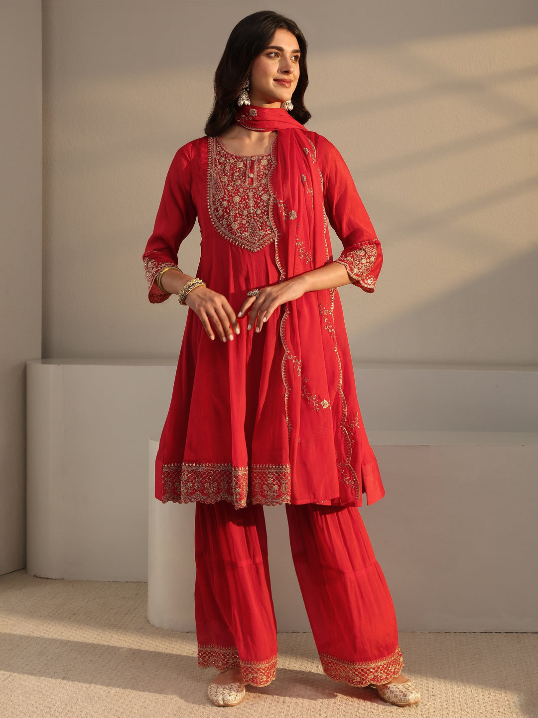  Red Embroidered Chinon Sharara Suit Set With Dupatta 