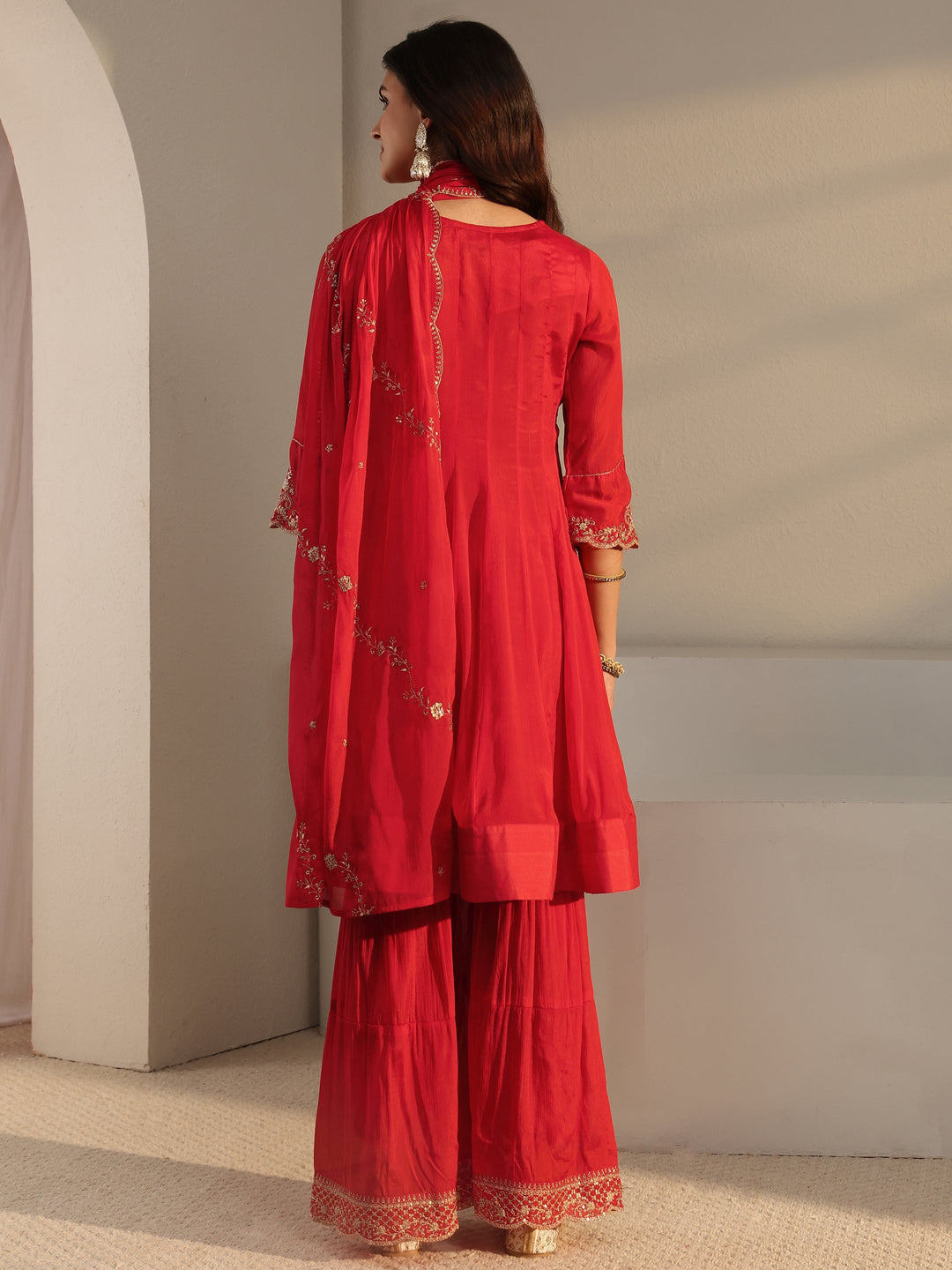  Red Embroidered Chinon Sharara Suit Set With Dupatta 