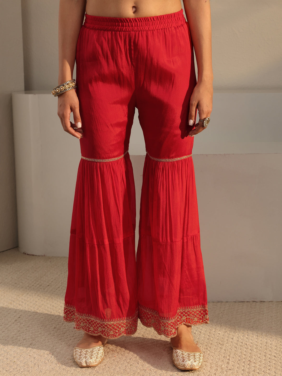  Red Embroidered Chinon Sharara Suit Set With Dupatta 