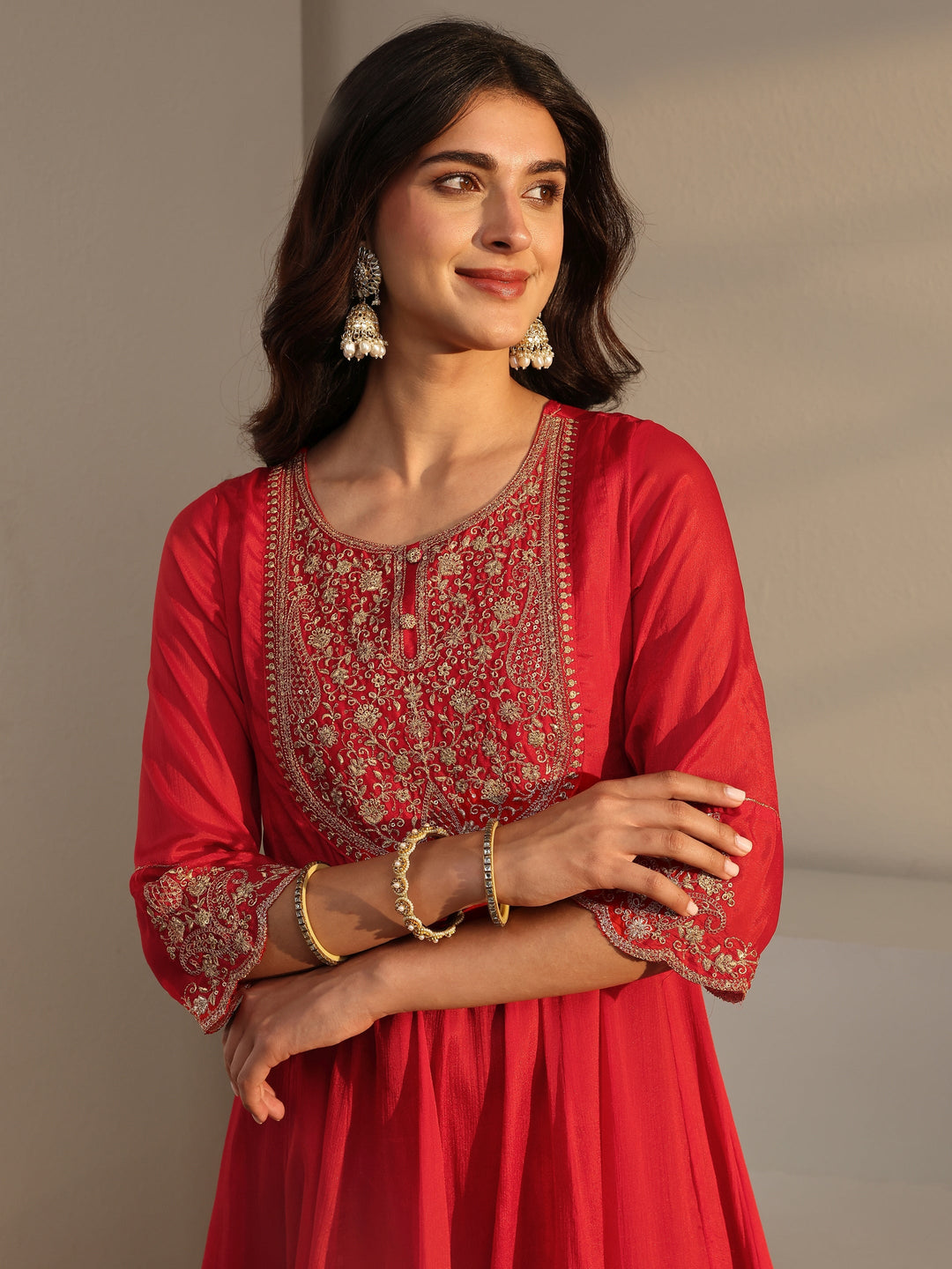  Red Embroidered Chinon Sharara Suit Set With Dupatta 
