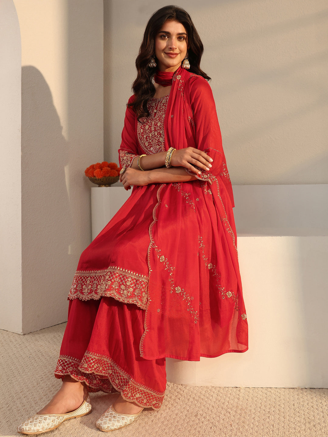  Red Embroidered Chinon Sharara Suit Set With Dupatta 