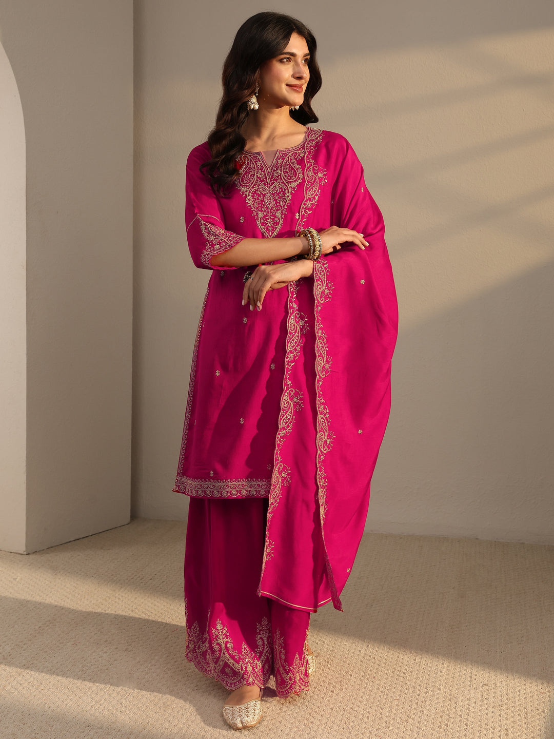  Pink Embroidered Silk Blend Straight Suit Set With Dupatta 
