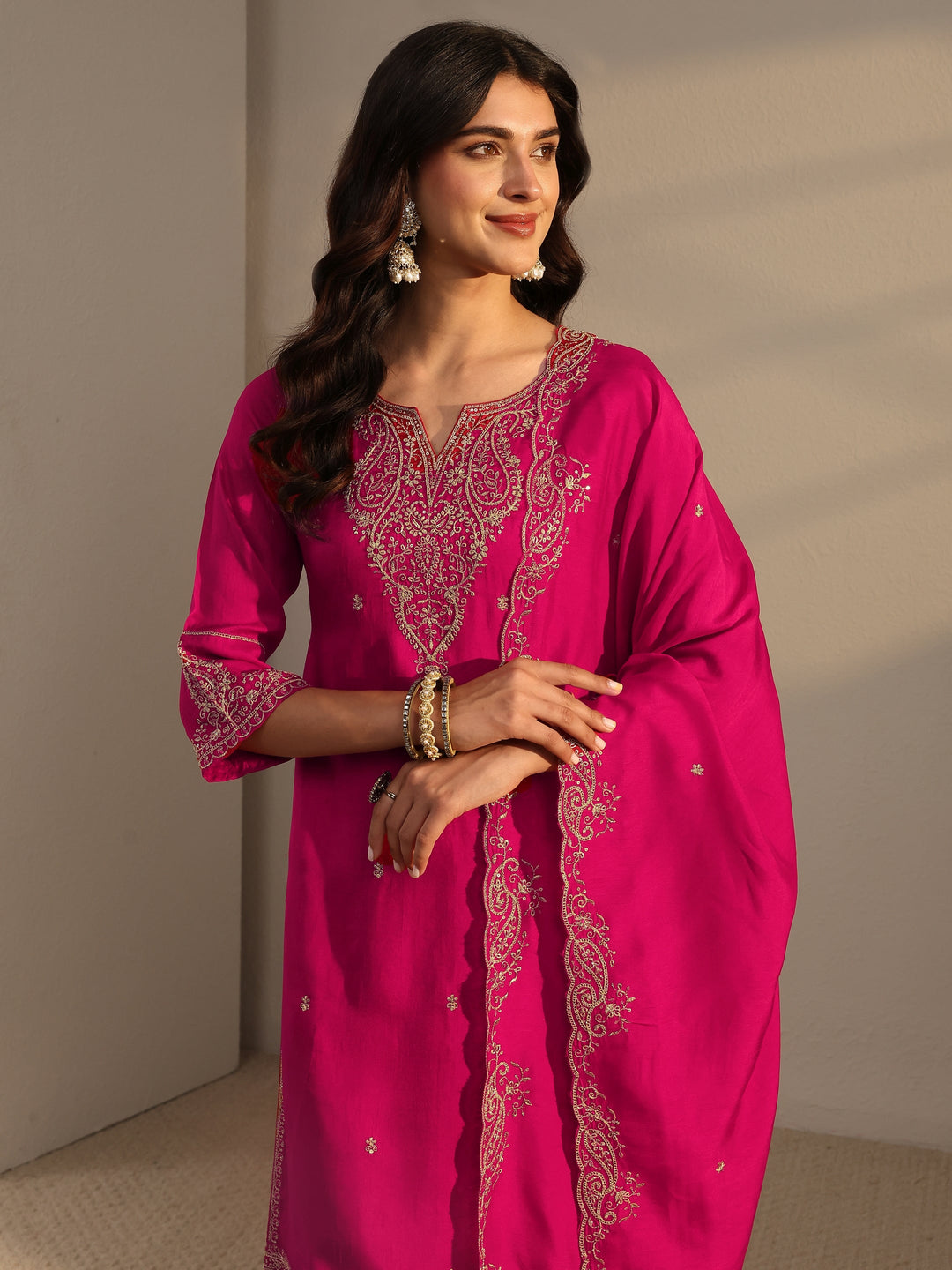  Pink Embroidered Silk Blend Straight Suit Set With Dupatta 