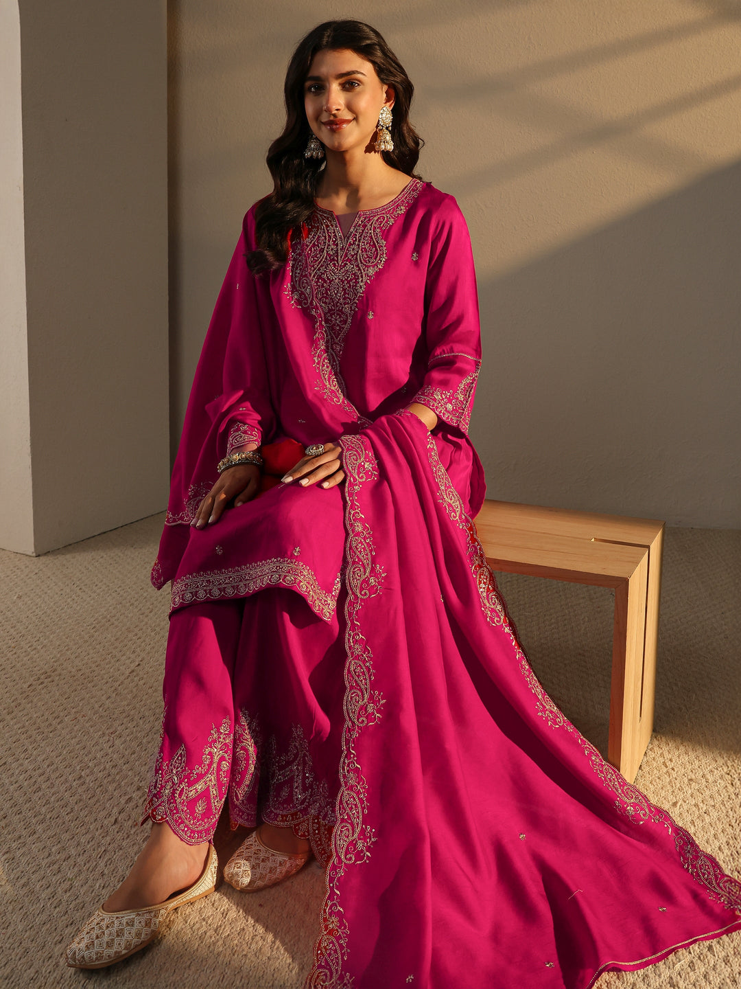  Pink Embroidered Silk Blend Straight Suit Set With Dupatta 