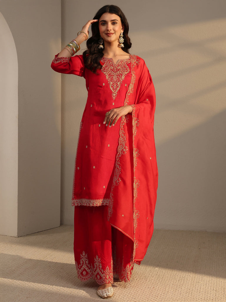 Libas Red Embroidered Silk Blend Straight Suit Set With Dupatta