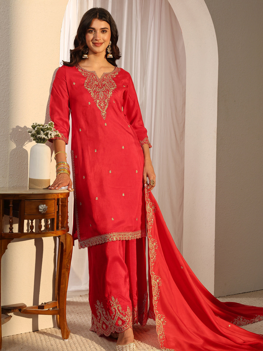  Red Embroidered Silk Blend Straight Suit Set With Dupatta 