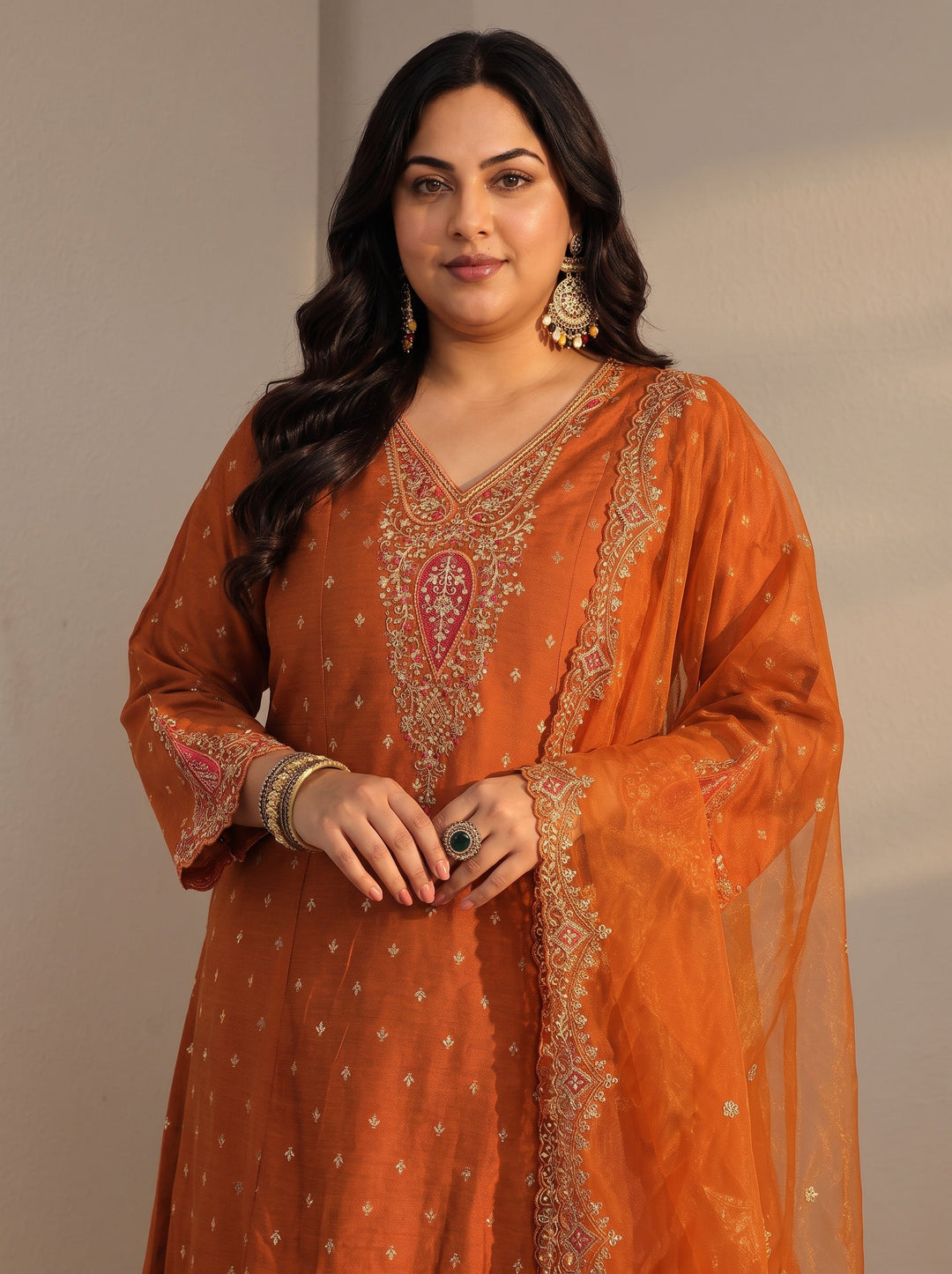  Plus Size Rust Woven Design Silk Blend A-Line Suit Set With Dupatta 