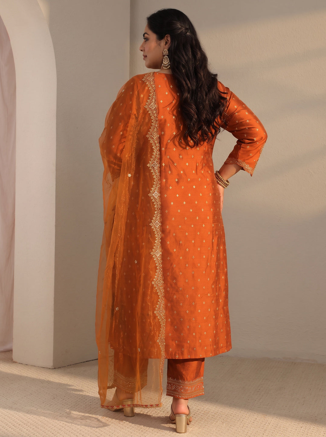  Plus Size Rust Woven Design Silk Blend A-Line Suit Set With Dupatta 