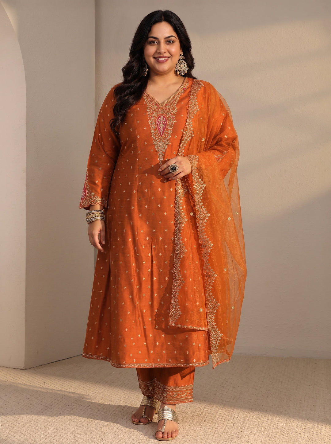  Plus Size Rust Woven Design Silk Blend A-Line Suit Set With Dupatta 