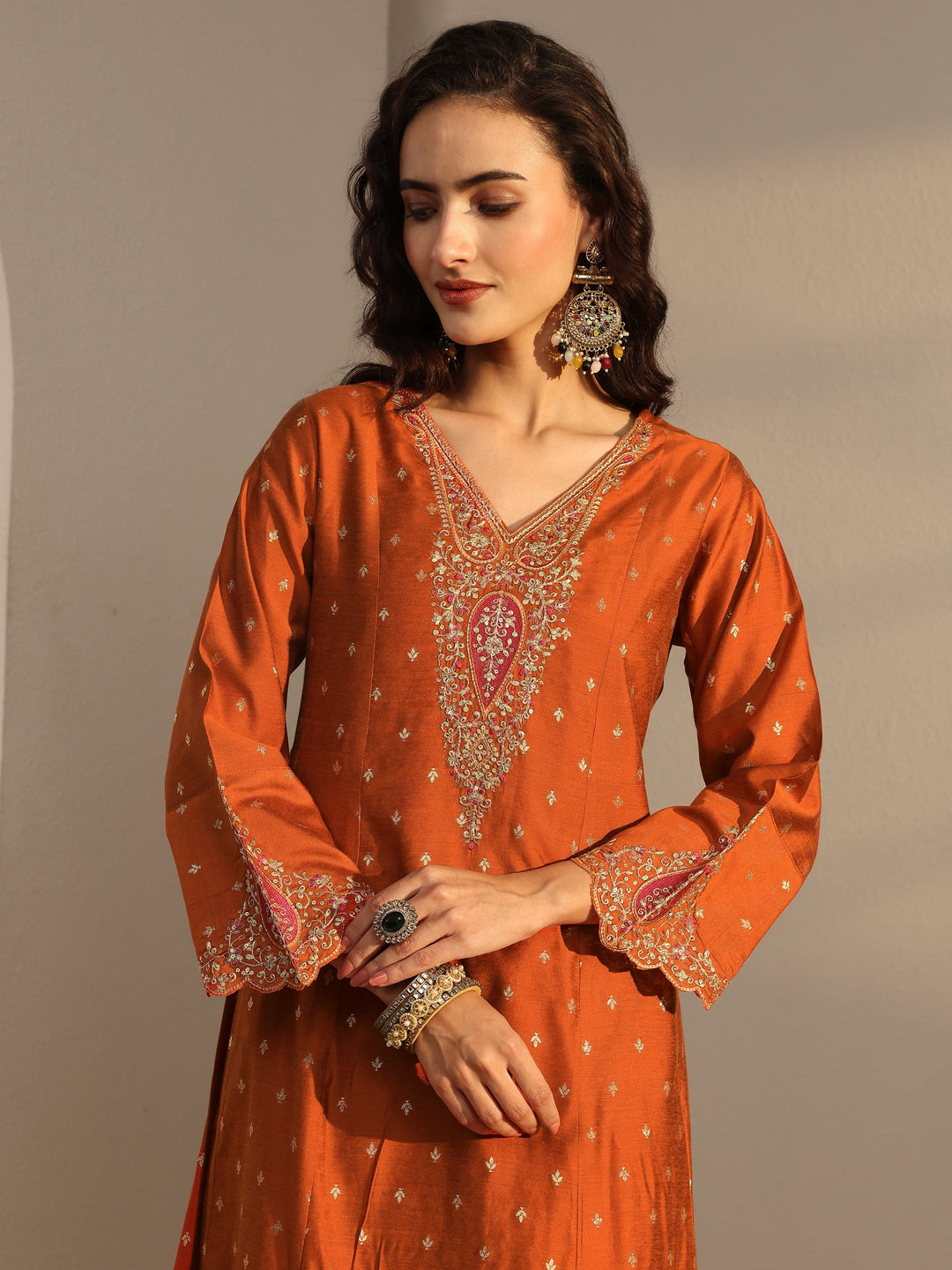  Rust Woven Design Silk Blend A-Line Suit Set With Dupatta 